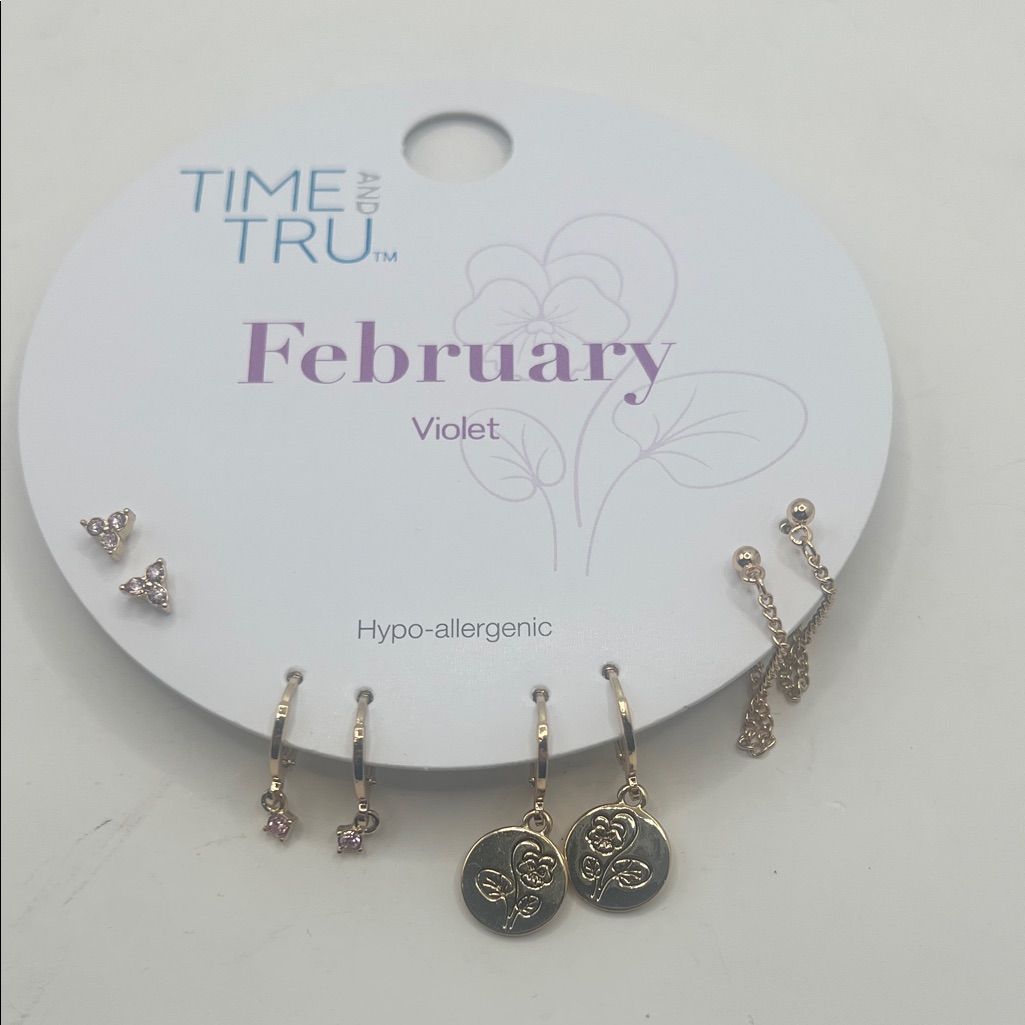 Time And Tru Violet Birthstone Earring Set. For February Month Or All Others